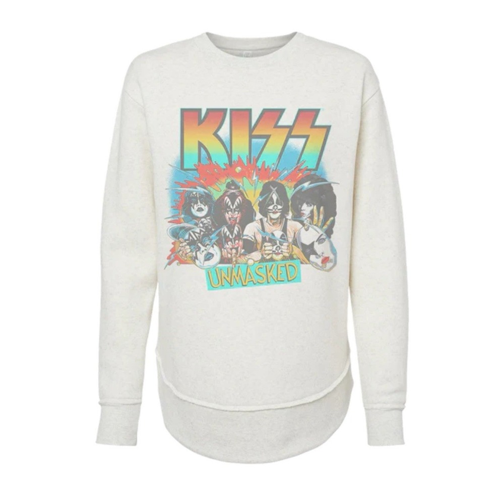 KISS Sweatshirt Women's L Natural Heather Unmasked 45th Anniversary NEW *spot